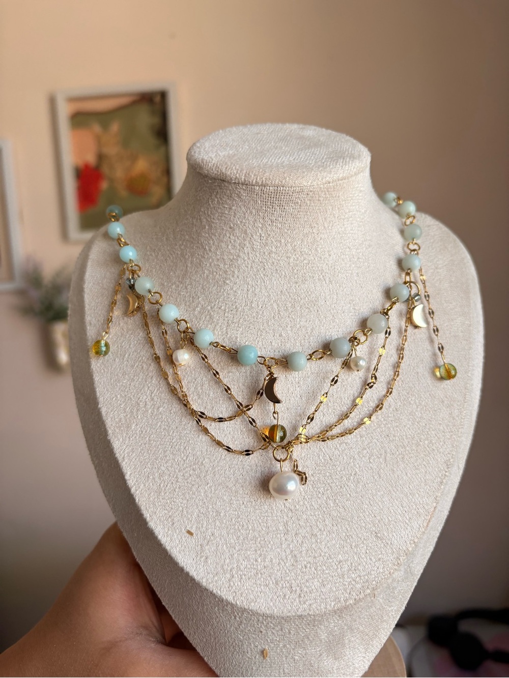 Fairycore Necklace with Aqua Beads and Pearl Charm